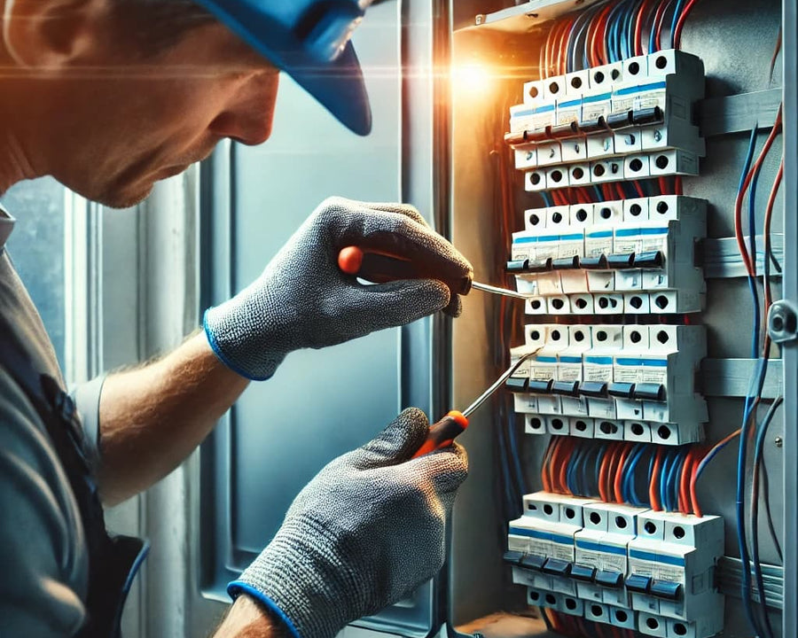 Electricien travaillant sur un panneau électrique