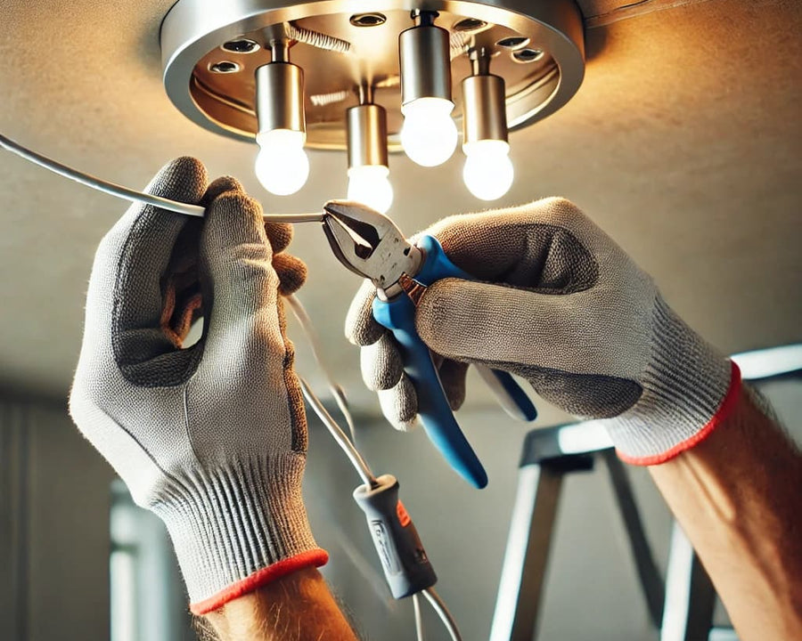 Mains gantées installant un luminaire