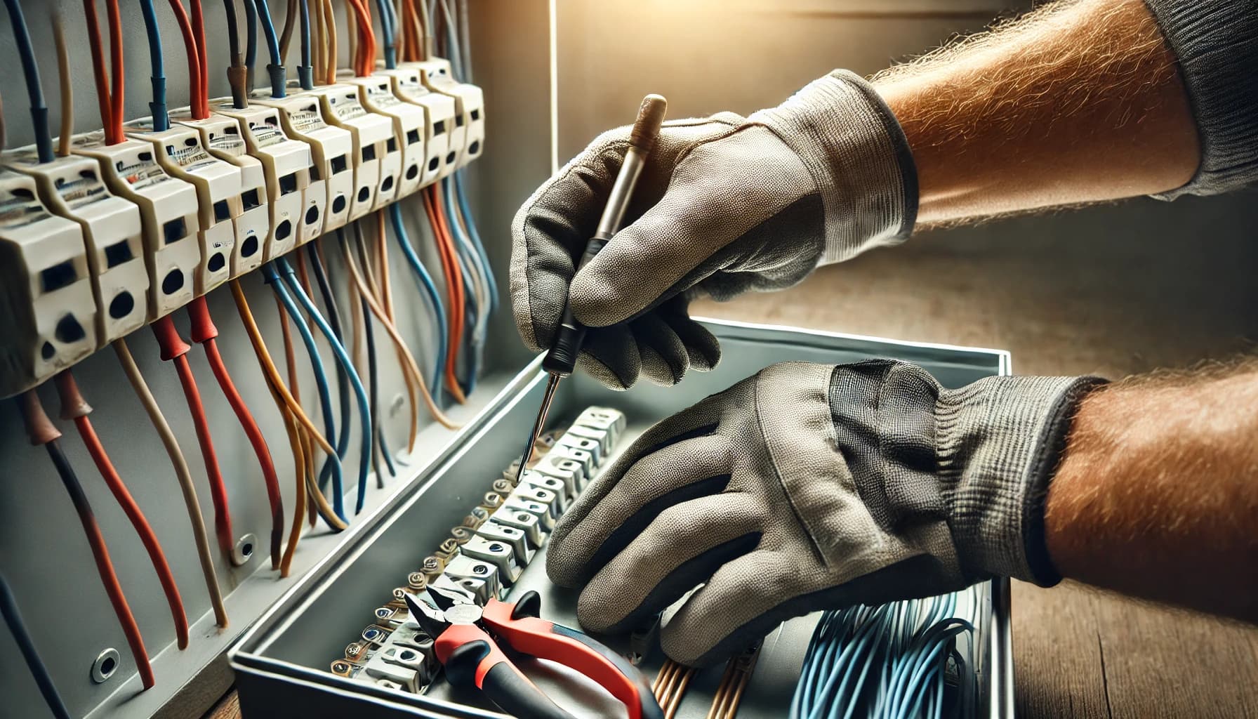 Mains gantées travaillant sur un tableau de distribution.