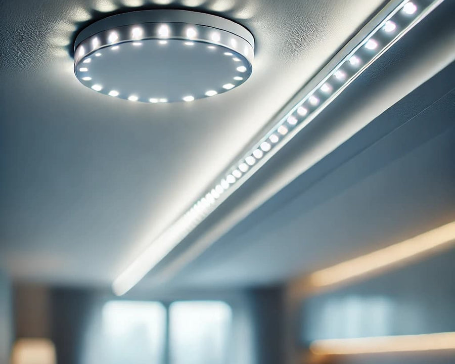 Ruban LED fixé au plafond diffusant un éclairage homogène