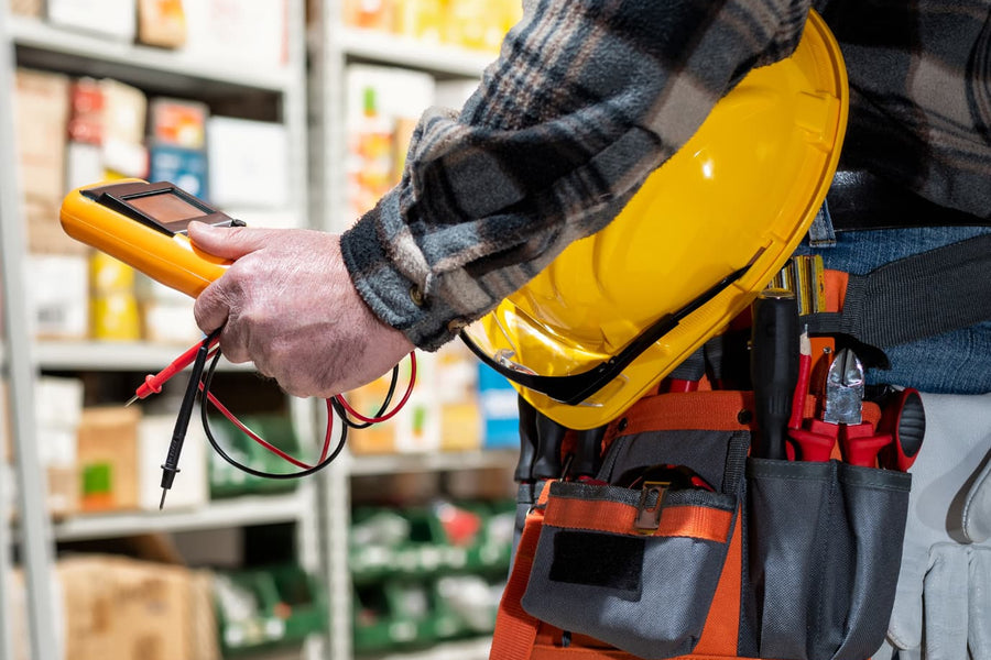 Un bras qui tient un testeur électrique avec une sacoche avec des outils